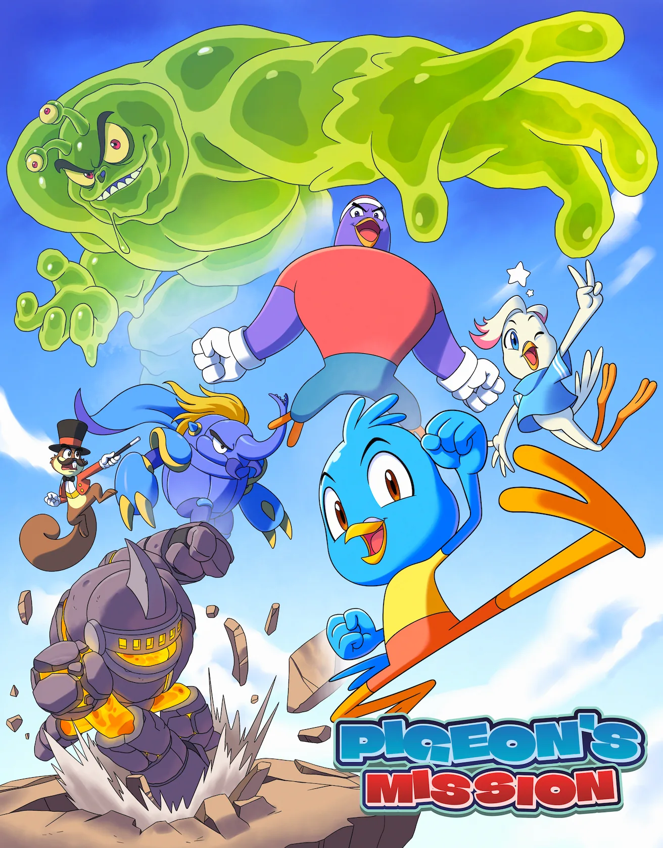 Pigeon’s Mission key art: Archie the blue pigeon charging into battle with his friends while a green slime monster looms overhead